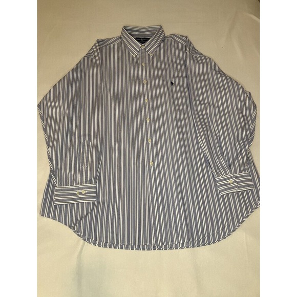 Ralph Lauren Shirt Men's 18 34/35 Blue & White Striped Yarmouth Cotton Button Up - Picture 3 of 9